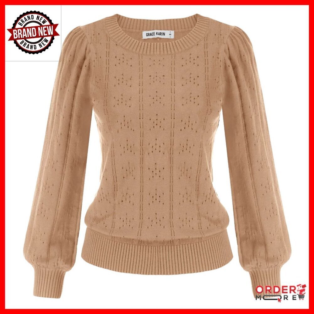 Long Lantern Sleeve Crochet Pullover Sweater Hollow Out Knit Top